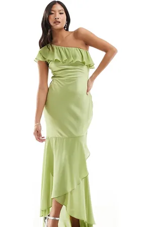 TFNC Bridesmaid satin one shoulder ruffle maxi dress in olive