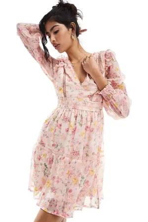 VILA Ladder lace frill detail mini dress in pink floral print