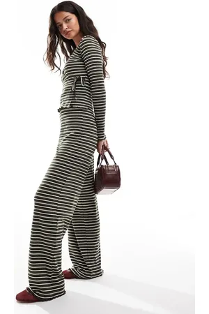 Pieces® Wide leg ribbed jersey trouser co-ord in khaki stripe