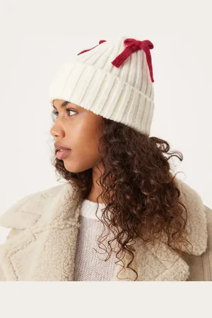My Accessories Ribbed beanie with detachable red bows in cream