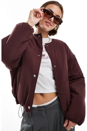 ASOS Collarless puffer jacket in burgundy