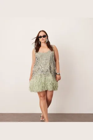 ASOS Curve embellished scoop neck mini dress with faux feather hem in sage green