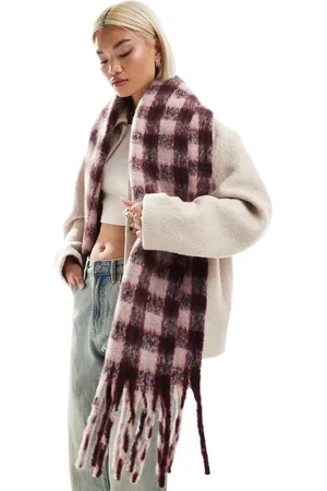 Monki Soft chunky scarf in burgundy and pink check