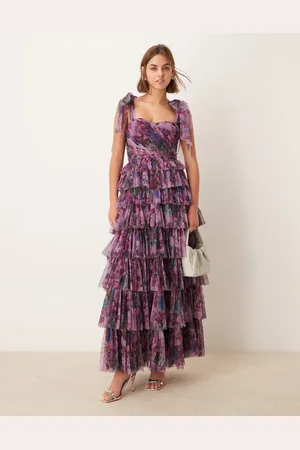 Lace & Beads Bow shoulder tiered tulle maxi dress in floral