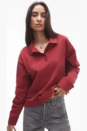 Topshop Boxy long sleeve polo top in dark red