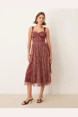 Lace & Beads Corset tulle midaxi dress in floral