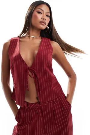 Kaiia Tie front waistcoat co-ord in burgundy pinstripe