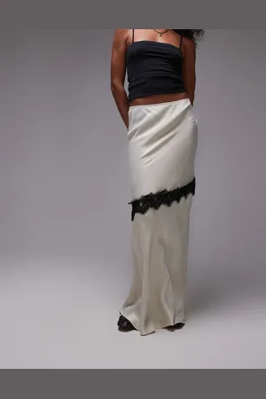 Topshop Satin bias maxi skirt with diagonal lace insert in champagne