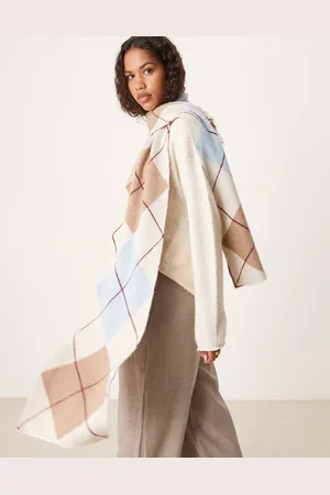 My Accessories Argyle oversized scarf in cream, blue and taupe