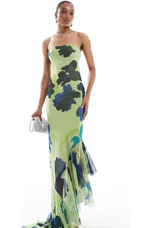 ASOS ASOS DESIGN Tall bandeau maxi dress with asymmetric ruffle hem in lime abstract floral print