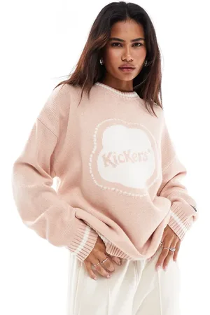 Kickers Relaxed fleurette knit jumper with big logo in baby pink