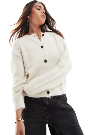 VERO MODA Round neck knitted cardigan in cream melange