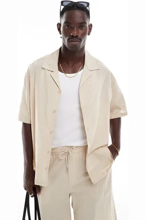 Sixth June Short sleeve oversized linen shirt co-ord in beige