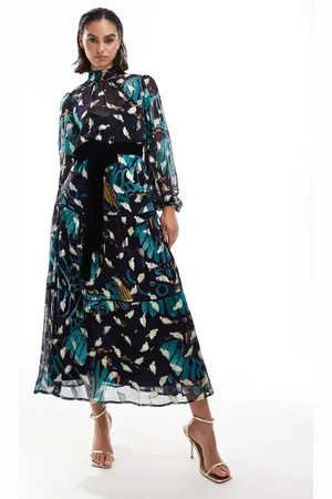 HOPE & IVY Premium printed maxi dress with velvet belt and gold fleck in teal