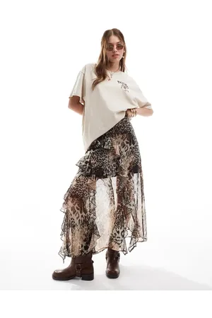 Miss Selfridge Chiffon asym ruffle maxi skirt in animal print