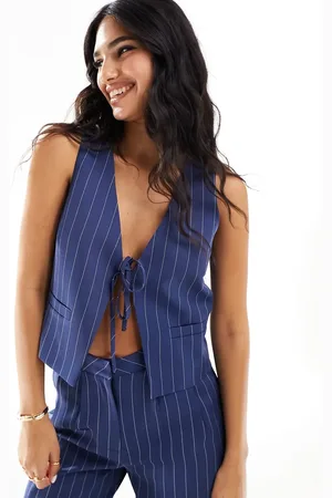 Kaiia Tie front waistcoat co-ord in blue pinstripe