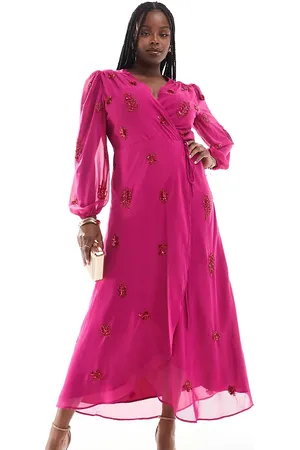 HOPE & IVY Allover embellished wrap midaxi dress in fuschia