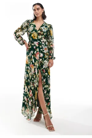 HOPE & IVY Wrap front maxi dress in dark floral with gold speck