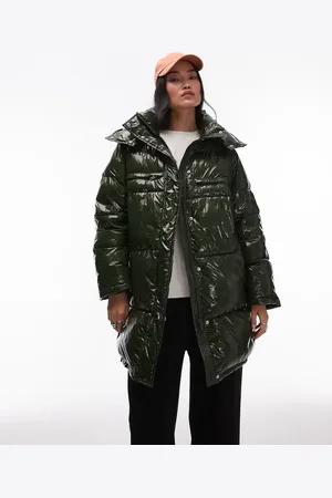 Topshop Mid length hooded puffer jacket in dark