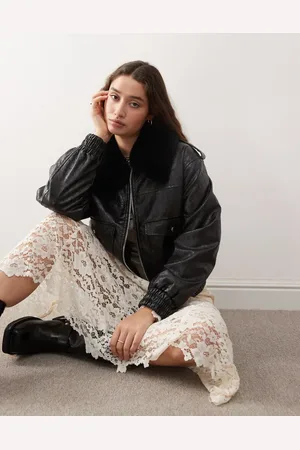 Miss Selfridge Faux leather croc faux fur trim bomber jacket in