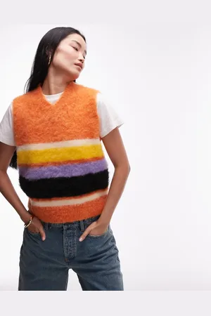Topshop Knitted fluffy high v bright stripe tank in