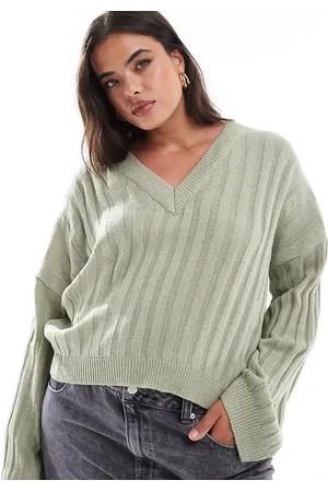 Brave Soul Plus ribbed v-neck jumper in sage