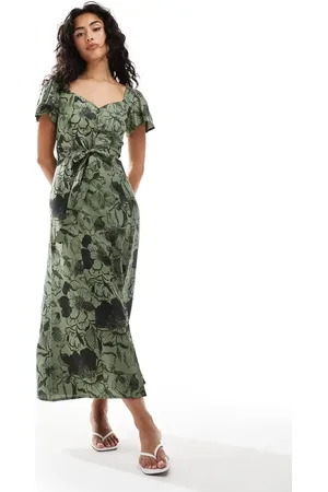 ASOS Button through midi tee dress with tie back in khaki & black floral print