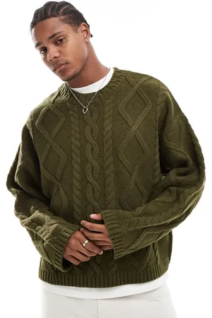ASOS Oversized heavyweight wool mix cable jumper with crew neck in khaki
