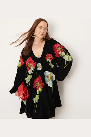 ASOS Curve velvet embroidered floral plunge neck full mini dress in
