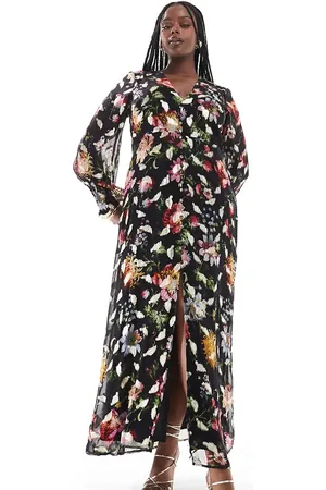 HOPE & IVY Button front midaxi dress with tie back in based floral with gold fleck