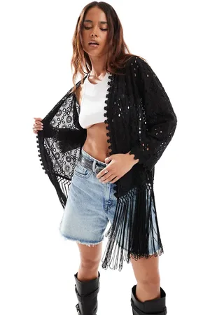 Miss Selfridge Festival embellished cutwork fringe kimono jacket in