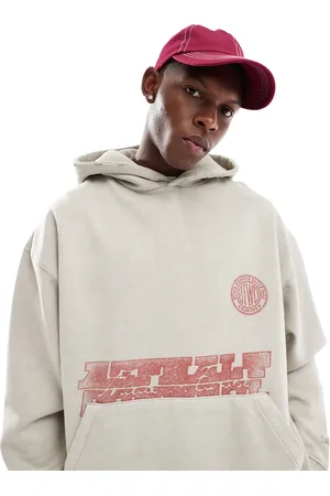 Pull&Bear Raw hem STWD garage printed hoodie in washed