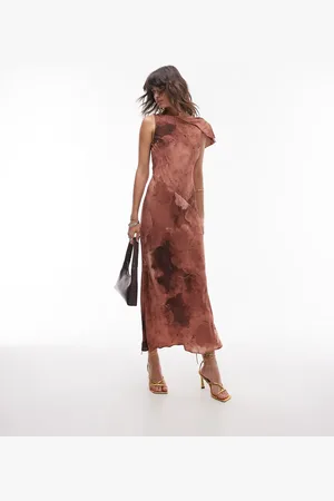 Topshop Asymmetric neck bias cut midi in mineral print