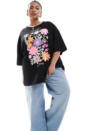 Yours Printed boxy t-shirt in black with floral graphic