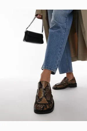 Topshop Premium Clover leather loafers with ruched detail in snake print