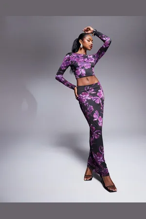 Kaiia Exclusive slinky bodycon maxi skirt co-ord in purple print