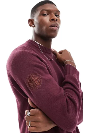 Pretty Green Crew neck knit jumper with sleeve patch in burgandy