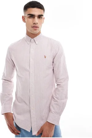 Ralph Lauren Icon logo slim fit stripe oxford shirt in burgundy/white