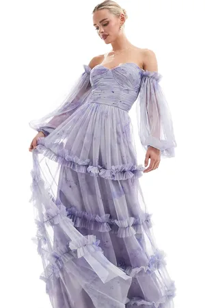 Lace & Beads Long sleeve ruffle maxi dress in soft lilac floral