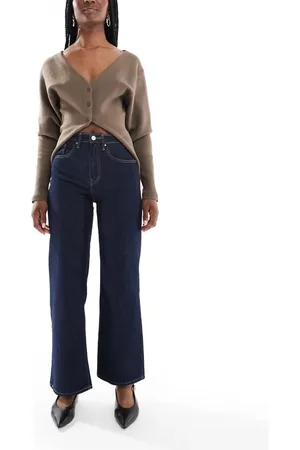 ONLY Juicy high waisted wide leg jeans with contrast stitch in indigo wash