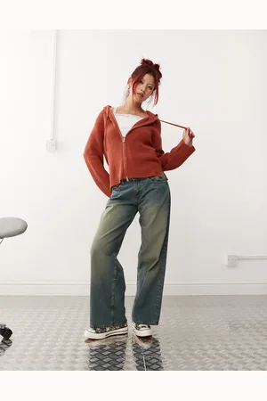 Monki Knitted rib hoodie zip up cardigan in rust
