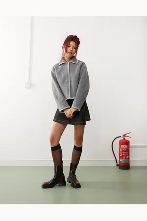 Monki Short wool jacket in melange with contrast stitching