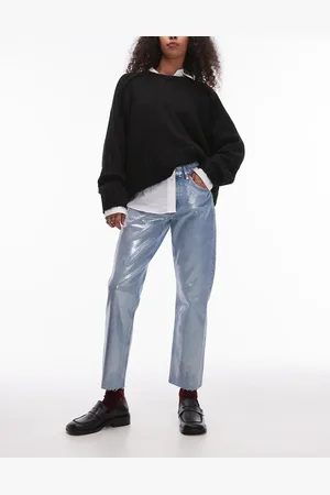 Topshop Cropped silver foil mid rise straight jeans in bleach