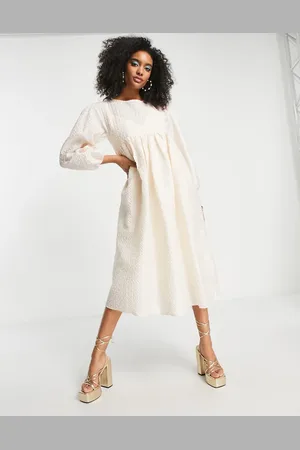 Ghospell Balloon sleeve midi smock dress in textured cream