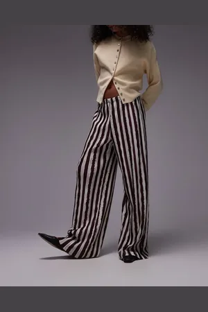 Topshop Vertical stripe plisse wide leg trouser in dark burgundy