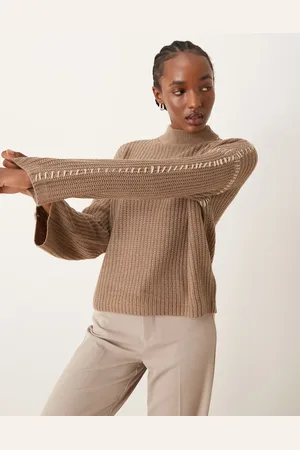 VILA Knitted high neck jumper with contrast stitch detail in camel