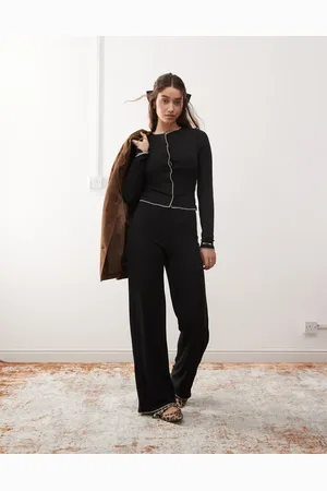 Miss Selfridge Blanket stitch wide leg trousers in black