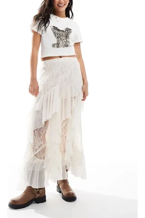 Miss Selfridge Lace and chiffon mix maxi skirt in ivory