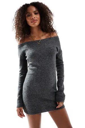 Pull&Bear Off the shoulder soft knitted mini dress in charcoal