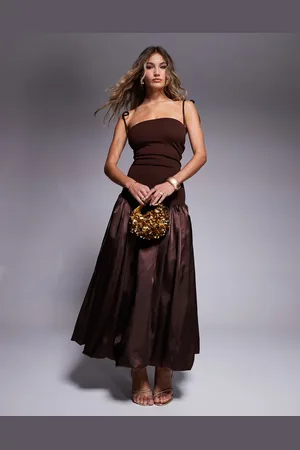 Amy Lynn Alexa tie shoulder satin puffball midi dress in chocolate